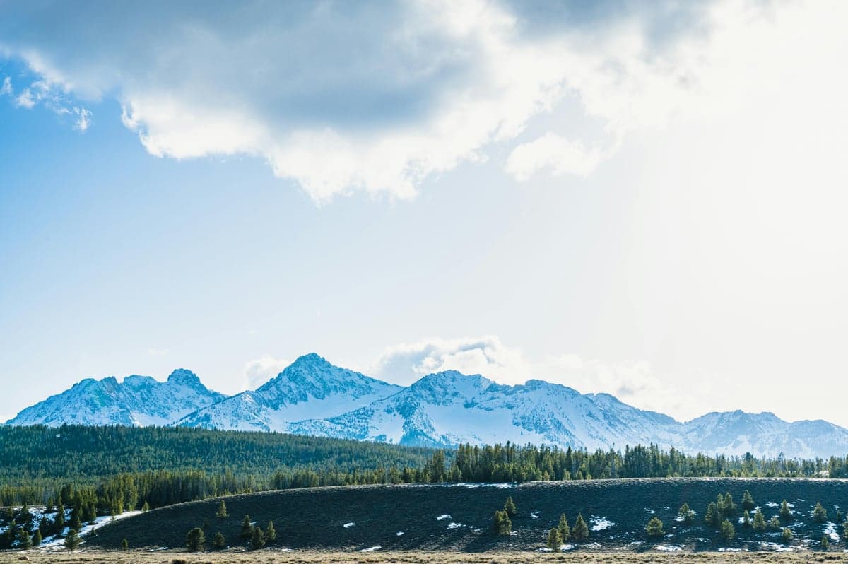 Snow-capped Sawtooth Mountains above Stanley, the final stop on this road trip