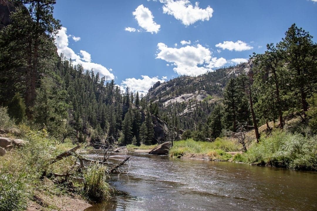 Clear mountain stream flowing through a Colorado valley with mountains in background