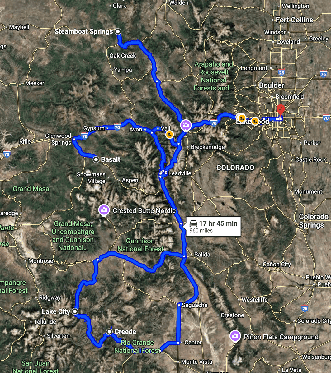 10-day Colorado fly fishing route: Denver → Basalt → Creede → Lake City → Steamboat Springs → Denver (~17 hours total driving)