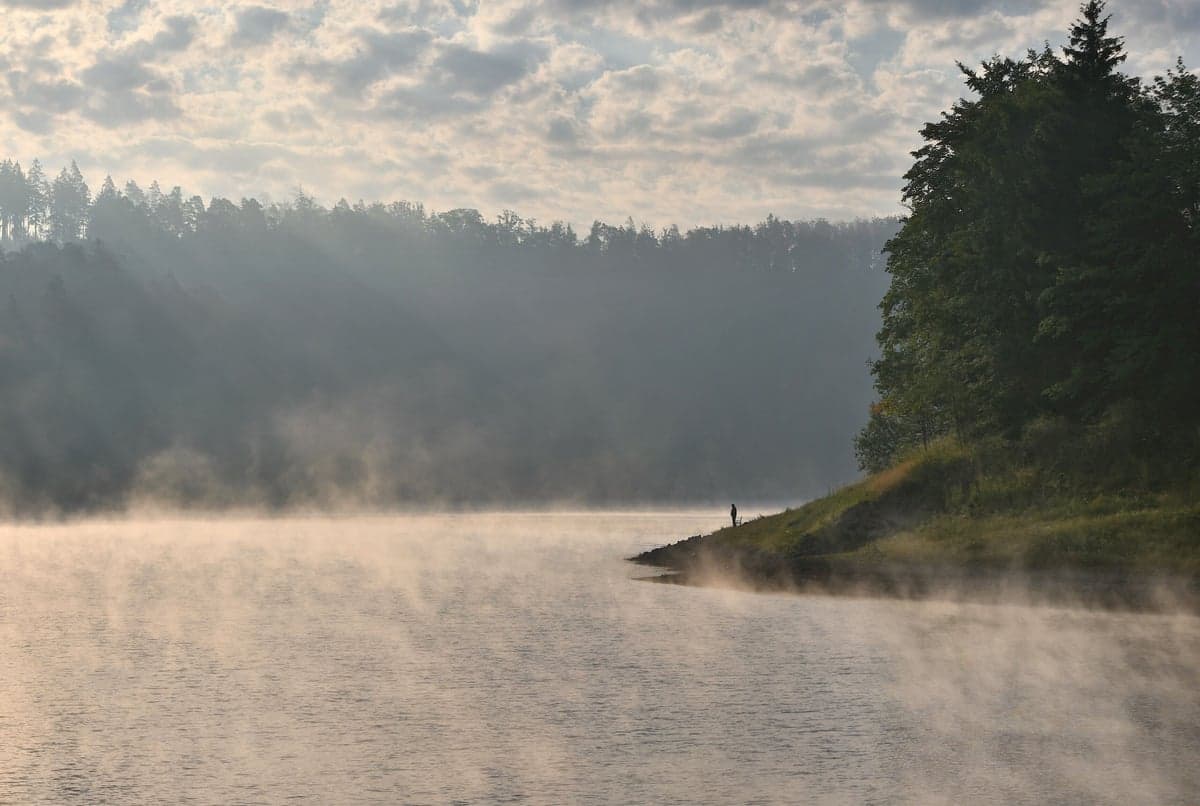 Morning fog on the river. On the Delaware, early Trico spinner falls from July through September reward anglers willing to be on the water at first light.