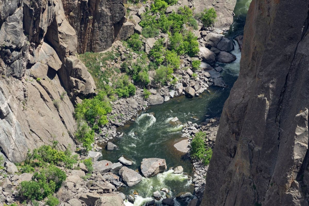 Aerial view of the Gunnison River flowing through the steep-walled canyon of the Gunnison Gorge