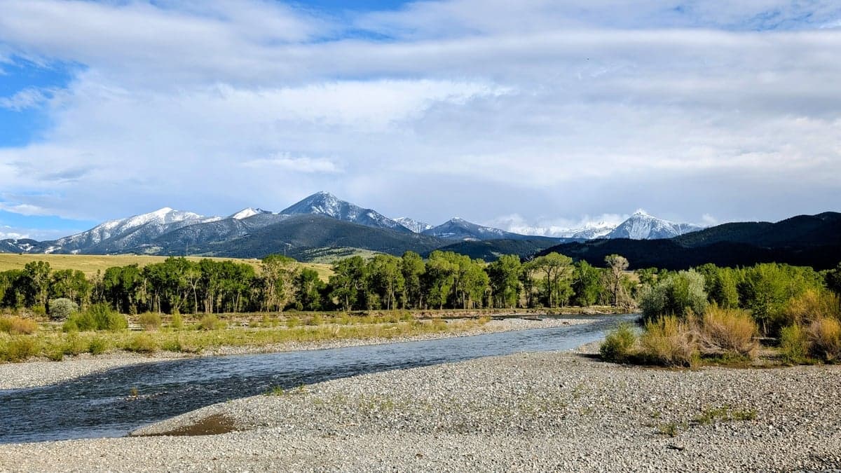 The Yellowstone near Livingston, with the Absarokas behind it. September through October brings turning banks, fewer crowds, and some of the year's best fishing.